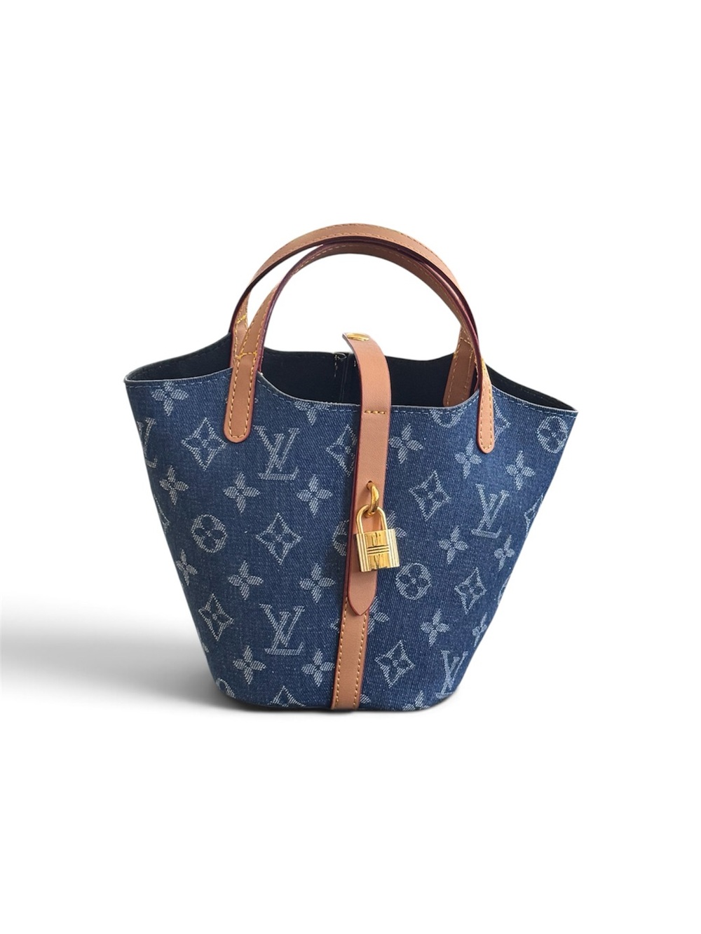 Luxury Inspired Blue Monogram Denim Tote with Tan Trim - Picture 3 of 4